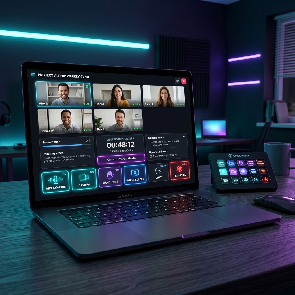 Cuyesco MeetingDeck en acción mostrando laptop y Stream Deck